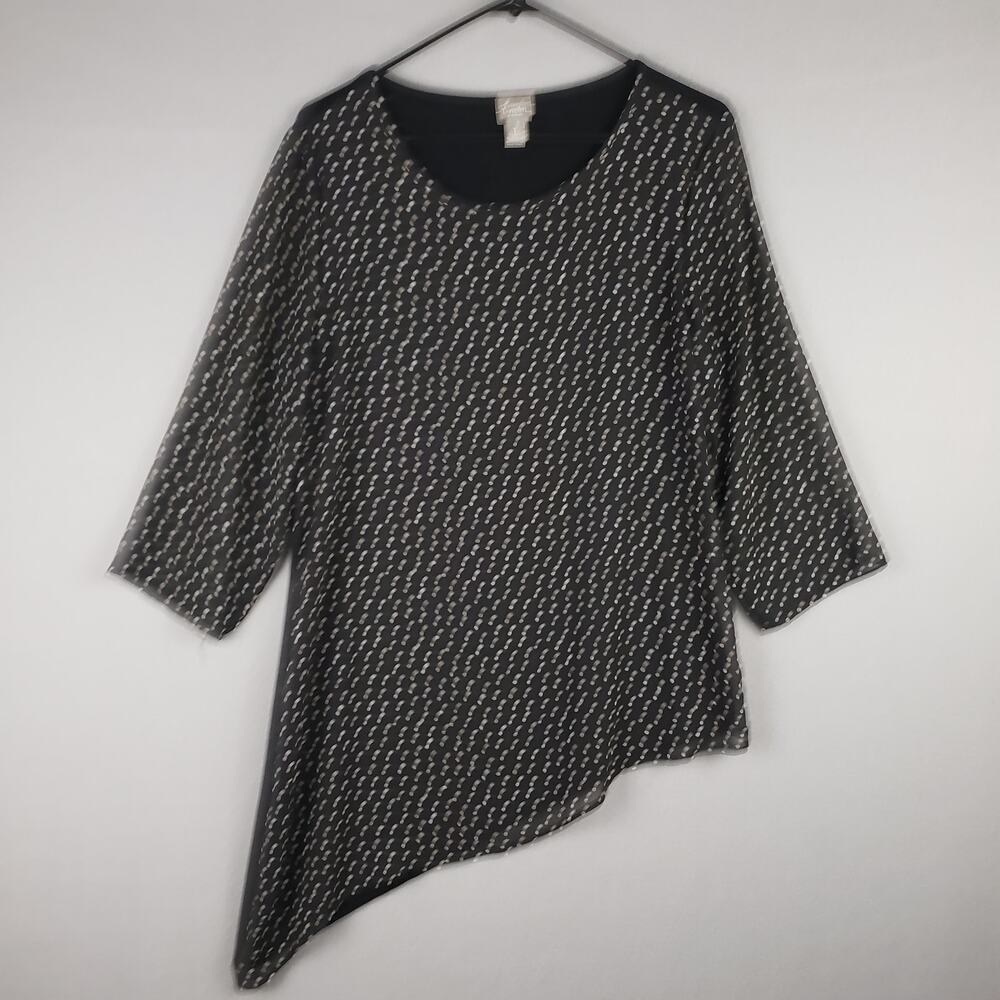 Chicos Travelers Size 1 Asymmetrical Hem Top Black‎ White Polka Dot Sheer Sleeve